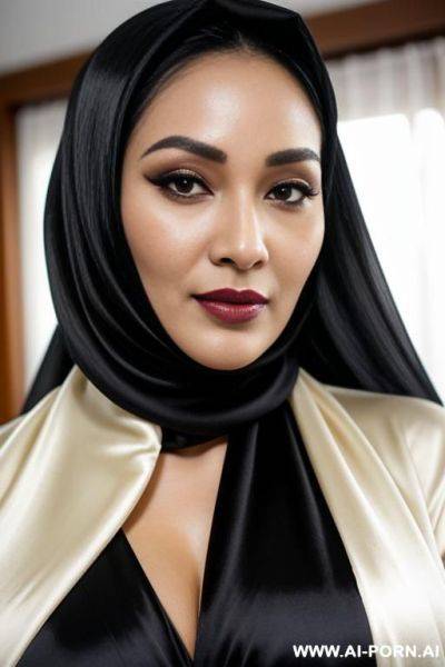 Indonesian, fashioned black silk hijab, wearing fashioned silk hijab, close up face. seductive romantic face. at night - ai-porn.ai - Indonesia on pornsimulated.com