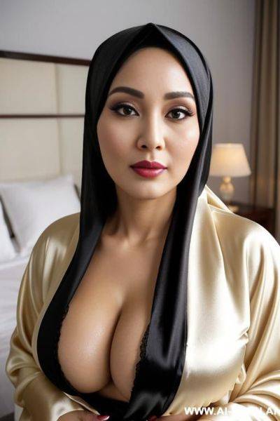 Indonesian, fashioned black silk hijab, wearing fashioned silk hijab, close up face. - ai-porn.ai - Indonesia on pornsimulated.com