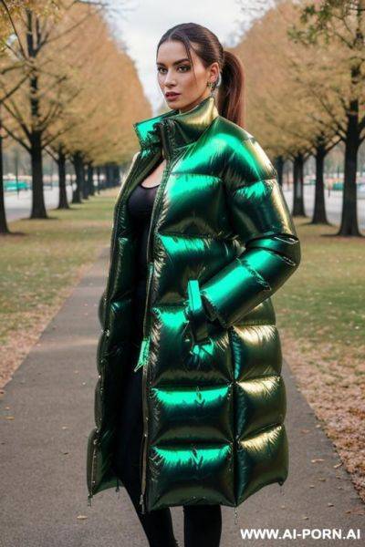 Brunette standing in park , (((gigantic oversized shiny green puffer coat))), eye contact - ai-porn.ai on pornsimulated.com