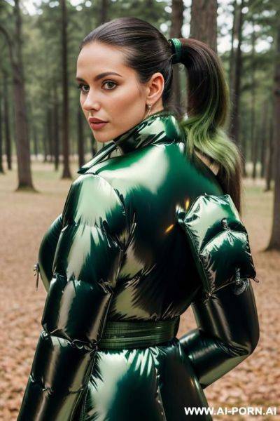 Brunette leaning with back against tree, (((gigantic oversized shiny green puffer coat))), eye contact - ai-porn.ai on pornsimulated.com