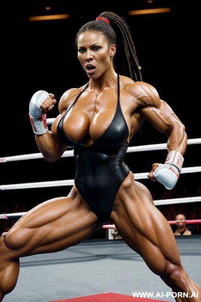 Extremely muscular screaming very dark skinned angry african boxer with boxing gloves in the arena ring punching blonde white pregnant woman in stomach - ai-porn.ai on pornsimulated.com