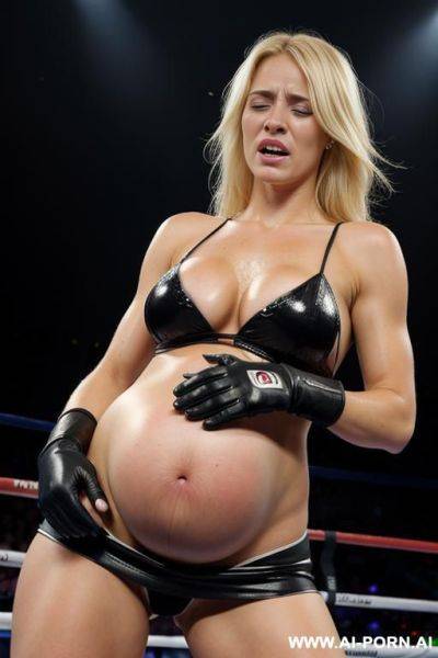 Pregnant blue eyed blonde boxer with gloves crying in the arena ring with black bruise on her belly - ai-porn.ai on pornsimulated.com