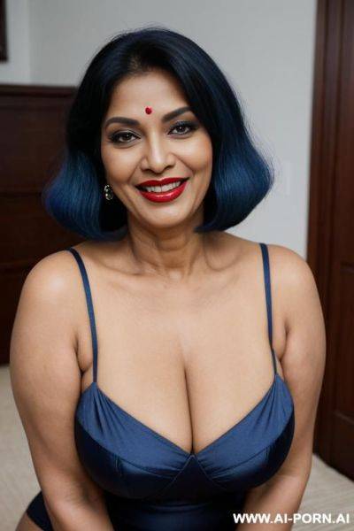 A beautiful gilf woman, mature bold housewife, no bindi, dark red lipstick, horny face, keep face, seductive pose - ai-porn.ai on pornsimulated.com