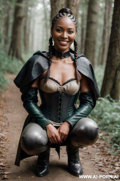 Eye contact leather corset green knee breeches ankle boots grey cloak forest path - ai-porn.ai on pornsimulated.com