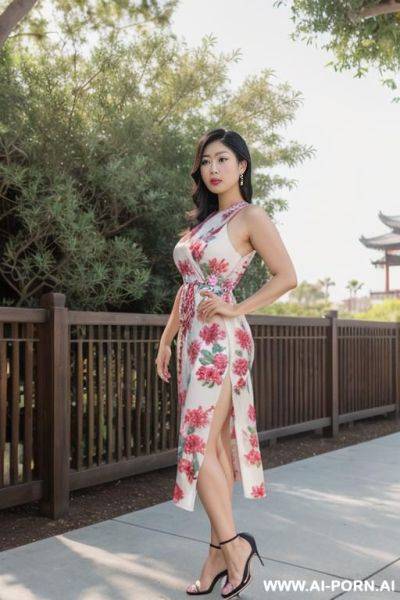 Asian woman, ((detailed face)), (detailed eyes), massive hips, wearing a long beach dress, wearing high heels, posing outdoors, k uhd, dslr, soft lighting, high quality, film grain, fujifilm xt3, hasselblad, gigapixel. - ai-porn.ai on pornsimulated.com