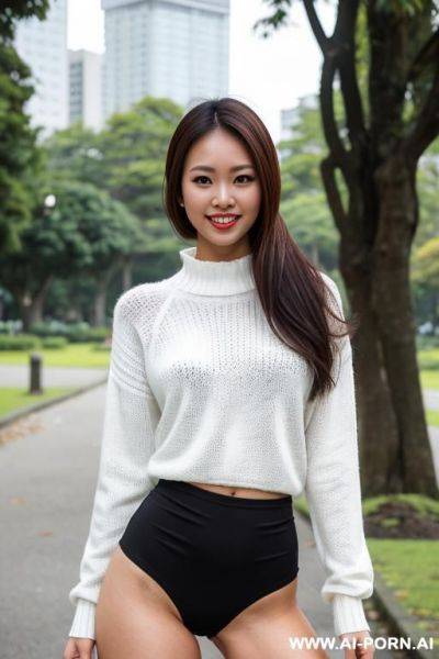 (top a white sweater), bottom a high leg panties, very wide thighs , (white knee-high socks), front view, very wide waist, very thick thighs, very thick waist - ai-porn.ai on pornsimulated.com