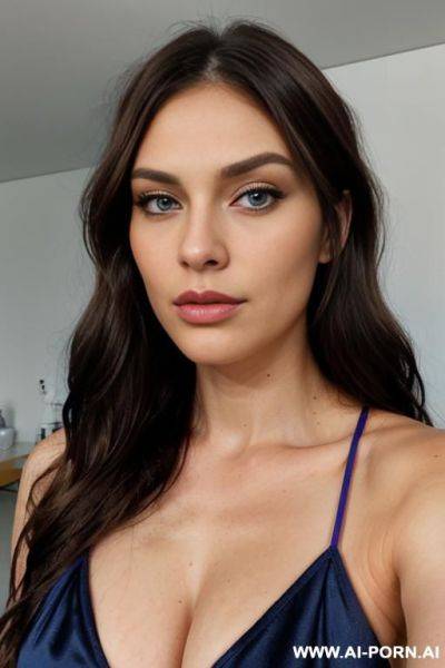 Id photo style, square shaped face, big full puffy lips, high cheekbones, pointy chin, strong jawline, purplish blue eyes, very long flowing hair, rectangular shaped face, strong jawline, facing camera, - ai-porn.ai on pornsimulated.com