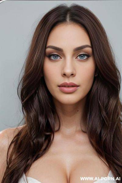 Id photo style, triangular shaped face, latina, big full lips, high cheekbones, pointy chin, strong jawline, purplish blue eyes, very long flowing hair, triangular shaped face, strong jawline, facing camera, - ai-porn.ai on pornsimulated.com