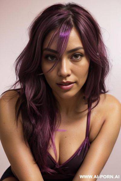 Elaborate very long purple hair, sugar wife, pretty look, tanned, big glossy eyes, lively expression, - ai-porn.ai on pornsimulated.com