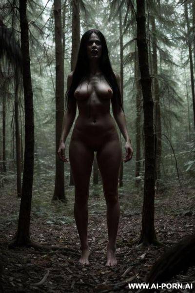 Dark forest, totally naked lady, barefoot, hiding, horror movie, full frontal view - ai-porn.ai on pornsimulated.com