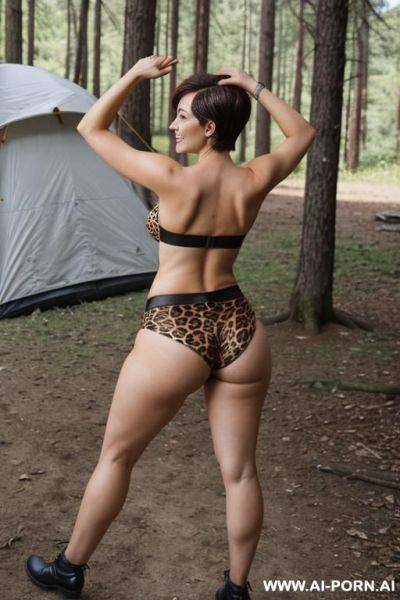 Keep face, keep hair, curvy, big ass, big hips, hourglass figure, looking at camera, leopard satin strapless bra, leopard satin thong panties, arms up, hands up, camping in a t, legs crossed - ai-porn.ai on pornsimulated.com