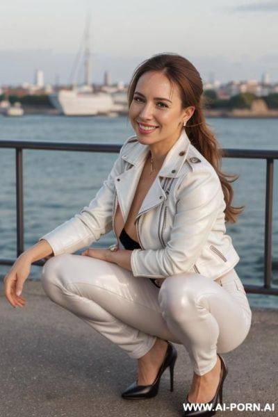 Beautiful woman, french, medium hight, mid 20s, short wavy ponytail, natural boobs, natural big ass, old french city and sea in background, light blue leather jacket, white leather pants, black shoes - ai-porn.ai - France on pornsimulated.com