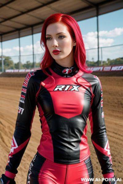 Woman tight motocross outfit red black bleachers red - ai-porn.ai on pornsimulated.com