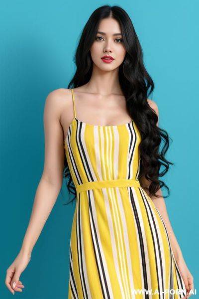 Woman long hair short yellow blue striped dress yellow blue background - ai-porn.ai on pornsimulated.com