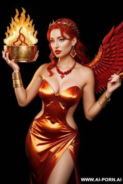 (((goddess of fire))), red hair, fire wings, strapless red dress, ruby necklace, ruby earrings, gold shoulder armor, gold bracelets - ai-porn.ai on pornsimulated.com