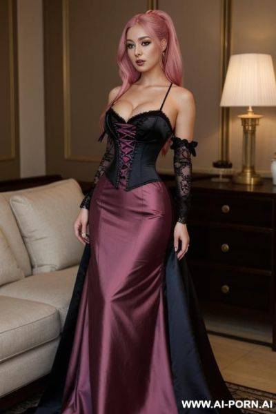 Half-japanese and half-korean and 15cm tall, wearing "dark regency attire" - a long, flowing gown made of luxurious satin, rned with intricate lace patterns and subtle embroidery. the dress - ai-porn.ai - Japan - North Korea on pornsimulated.com