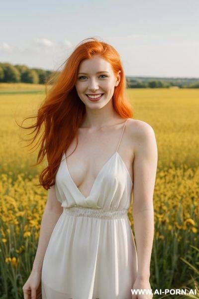 Seductive lady, pulling down her springtime dress above the head, field - ai-porn.ai on pornsimulated.com