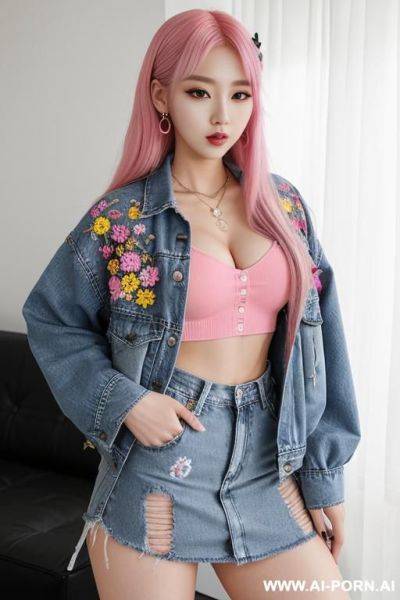 Half-japanese and half-korean and 15cm tall, wearing a boldly colored k-pop idol outfit including a high-waisted plaid pattern skirt. the plaid pattern is bold and eye-catching including colors like - ai-porn.ai - Japan - North Korea on pornsimulated.com