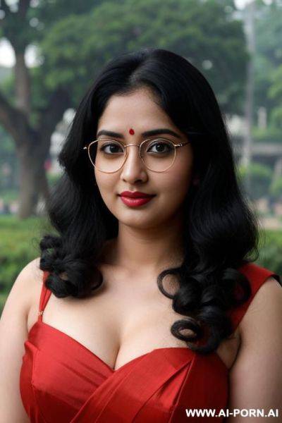 Pale skin, cute, beautiful, indian woman, round glasses, round boobs, red saree, chubby - ai-porn.ai - India on pornsimulated.com