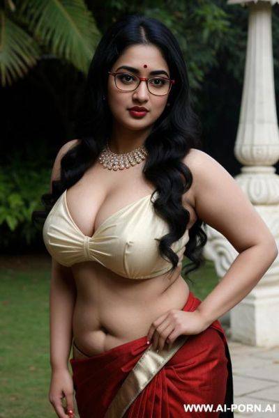 Pale skin, cute, beautiful, indian woman, round glasses, round boobs, red saree, chubby, flashing navel - ai-porn.ai - India on pornsimulated.com