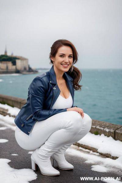 Beautiful woman, french, medium hight, mid 20s, short wavy ponytail, natural boobs, natural big ass, old southern french city and sea in background, blue leather jacket, white leather pants, winter, snow on ground - ai-porn.ai - France on pornsimulated.com