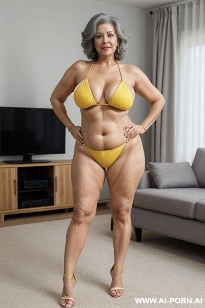 0-year-old grandmother, full body, standing, short gray hair, lady, very visible age marks, triangle hips, thick thighs, hands on hips, wearing a yellow bikini, living room in front of the television - ai-porn.ai on pornsimulated.com