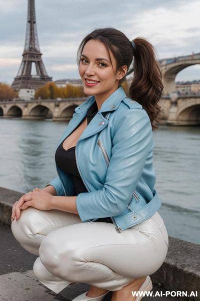 Beautiful woman, french, medium hight, mid 20s, short wavy ponytail, natural boobs, natural big ass, old french city and river in background, light blue leather jacket, white leather pants, winter, snow on ground - ai-porn.ai - France on pornsimulated.com