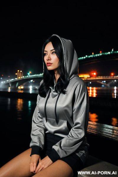 Wearing a hoody. outside. foggy weather. grey colours. sitting on edge of river looking at a bridge with lights on. sad. melancholy. calm. dusk. beautiful. symmetrical features. neon lights. looking at camera. - ai-porn.ai on pornsimulated.com
