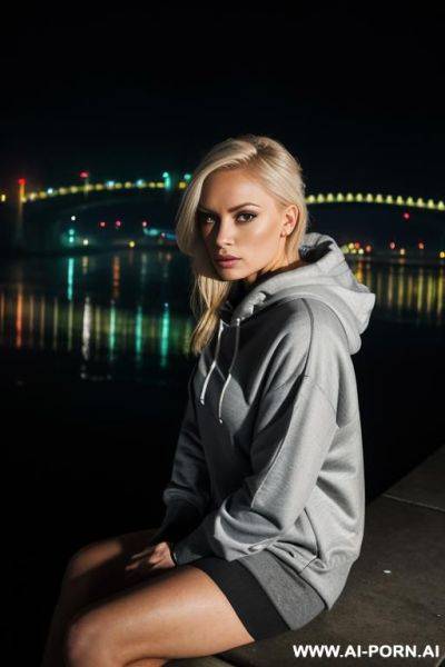 Wearing a hoody. outside. foggy weather. grey colours. sitting on edge of river looking at a bridge with lights on. sad. melancholy. calm. dusk. beautiful. symmetrical features. neon lights. looking at camera. blonde - ai-porn.ai on pornsimulated.com