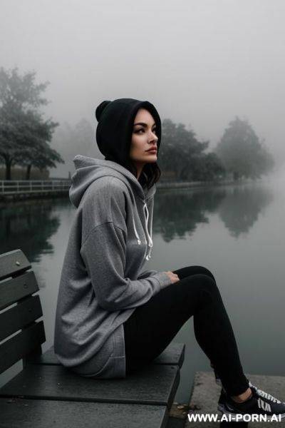 Wearing a hoody. outside. foggy weather. grey colours. sitting on a bench next to a river. sad. melancholy. calm. dusk. - ai-porn.ai on pornsimulated.com