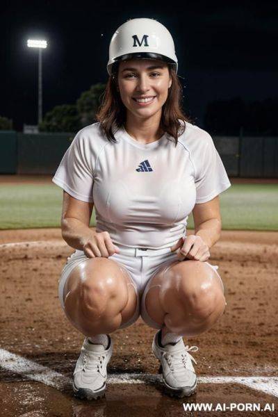 Spanish milf, wearing baseball catcher helmet, wearing baseball catcher glove, squatting, m weather at night, looking ahead, on rainy baseball field, wet skin, tight wet white t-shirt, shorts fitted whites - ai-porn.ai - Spain on pornsimulated.com