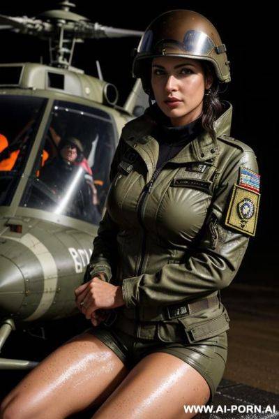 Mom, spanish, boobs, military outfit ,rainig, military hayr cut wet brown ,wet skin, nasty make up , muscle fit , defiant looking , tight shorts, military pilot helmet on hands, open jaquet , - ai-porn.ai - Spain on pornsimulated.com