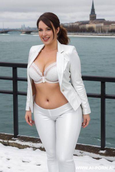 Beautiful woman, french, medium hight, mid 20s, short wavy ponytail, natural boobs, natural big ass, old southern french city and sea in background, blue leather blazer, white leather pants, white leather lingerie, winter, snow on ground - ai-porn.ai - France on pornsimulated.com