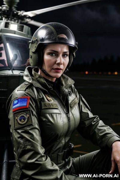 Mom, russian , boobs, military outfit , rainig, wet military haircut ,wet skin, nasty make up , muscle fit , defiant looking , military pilot helmet, jaquet opening ,roof , weather at night ,sitting on cabin helicopter - ai-porn.ai - Russia on pornsimulated.com