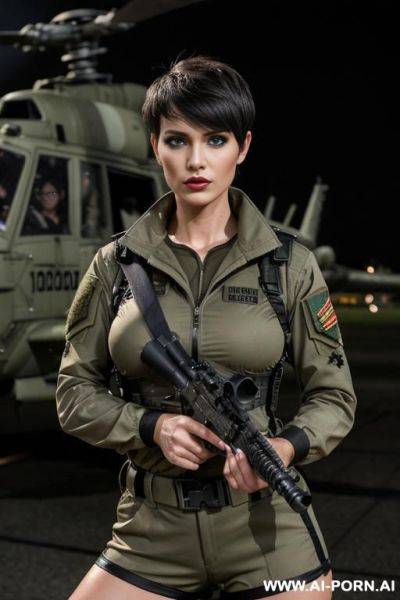 German ,beauty face, boobs, rainig, military haircut , nasty make up , muscle fit , defiant looking ,tight shorts military, neckline camon opening jaquet military ,roof , weather at night , staying on cabin helicopter - ai-porn.ai - Germany on pornsimulated.com