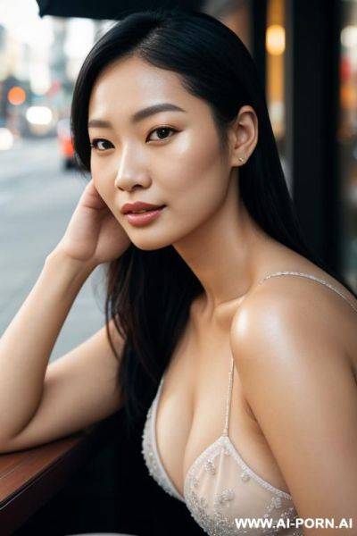 Photo of an asian woman, ((detailed face)), highlight hair, sitting outside restaurant, wearing dress, rim lighting, studio lighting, looking at the camera, dslr, ultra quality, sharp focus, tack - ai-porn.ai on pornsimulated.com