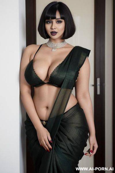 Brunette bob haircut, bangs black lipstick, bimbo lips, big lips, huge cock, black lipstick mark on cock, black kiss mark on cock, cum on face, cum in mouth, cum on tongue, cum on tits, excessive cum - ai-porn.ai on pornsimulated.com