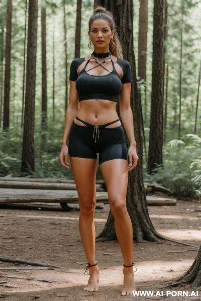 Professional grade masterpiece, beautiful defined female, barefoot, (no bra), tight t-shirt), spandex shorts bondage, tied, metal restraints, chains, fetters, metal collar, standing, spread wide, legs spread, evening, forest, american - ai-porn.ai - Usa on pornsimulated.com