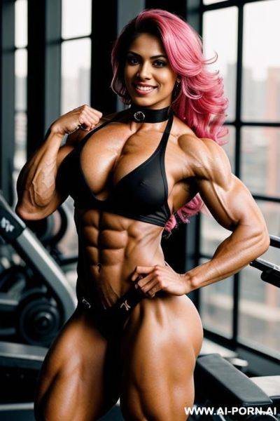 ((female bodybuilder)), hyper muscular, bangs, black hair, tattoos, piercings, choker, ((extremely muscular)), indian woman - ai-porn.ai - India on pornsimulated.com