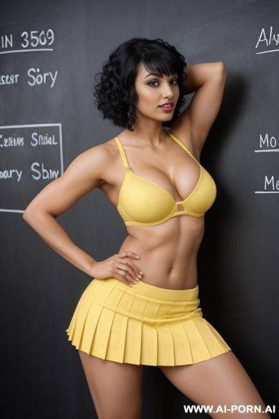 Indians, short curly hair, bangs, fit, abs, big ass, arms up, navel piercing, yellow bra, purple pleat skirt, tall, looking at camera, full body, stiletto, 3 women next to each other kissing - ai-porn.ai - India on pornsimulated.com