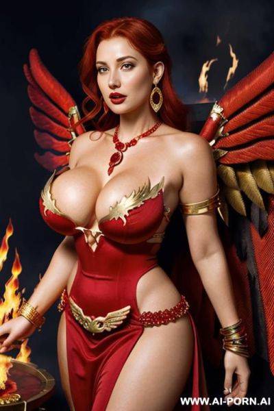 Goddess of fire, red hair, (((firey wings))), strapless red dress, (((massive boobs))), ruby necklace, ruby earrings, (((gold shoulder armor))), gold bracelets, (((fire temple))) - ai-porn.ai on pornsimulated.com