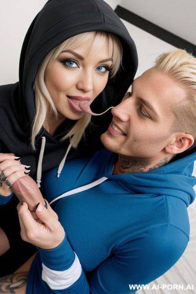 Blowjob, 1 woman sucking a man, big cock, pov blowjob, pov handjob, tattoed woman, blonde, bangs, huge boobs, blue eyes, scandinavian, wearing hoodie and leggings, smiling. - ai-porn.ai on pornsimulated.com