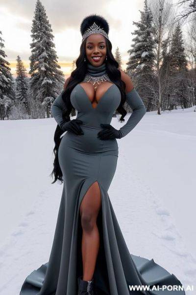 Winter, snow, mountain, (fir forest), (gray wool hat), (gray wool scarf), gloves, winter shoes, (naked woman) (huge breasts), (huge areolas), (black long hair), (blue eyes), african, (african skin) - ai-porn.ai on pornsimulated.com