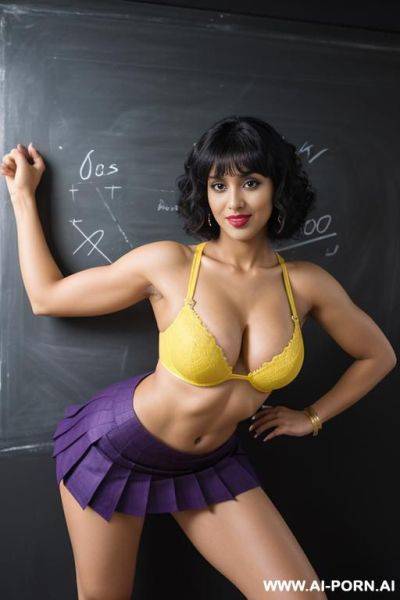 Indians, short curly hair, bangs, fit, abs, big ass, arms up, navel piercing, yellow bra, purple pleat skirt, tall, looking at camera, view from below full body, stiletto, 3 women next to each other - ai-porn.ai - India on pornsimulated.com