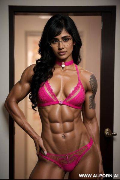 ((female bodybuilder)), hyper muscular, bangs, black hair, tattoos, piercings, choker, ((extremely muscular)), indian woman, glasses, beautiful face, celebrity, naked, hands on hips - ai-porn.ai - India on pornsimulated.com