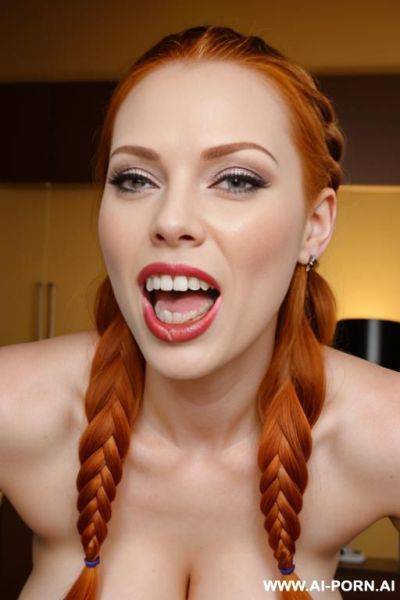 Ultrarealistic, braided ginger tails, blowjob, happy, open mouth, cum dripping from tounge, cum on face, skin, s - ai-porn.ai on pornsimulated.com