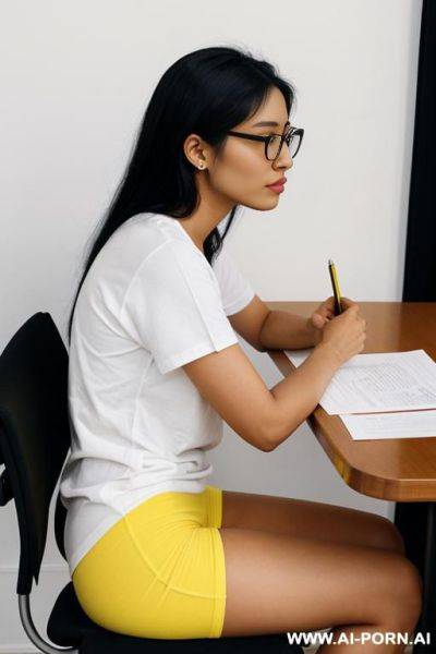 Side view of a 20 year old philipina with black hair and glasses, nose, soft chin, sitting in a chair, pulled up to at a table writing on a paper, wearing a yellow crew neck t-shirt, - ai-porn.ai on pornsimulated.com