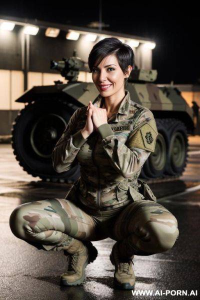 Mom, spanish beauty face, boobs, rainig, nasty make up , muscle fit , defiant looking , yoga pants military, neckline camon opening jaquet military ,roof , weather at night , perfect ass, - ai-porn.ai - Spain on pornsimulated.com