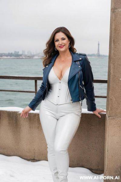 Beautiful woman, french, medium hight, mid 20s, short wavy ponytail, natural boobs, natural big ass, old southern french city and sea in background, blue leather jacket, white leather pants, white - ai-porn.ai - France on pornsimulated.com