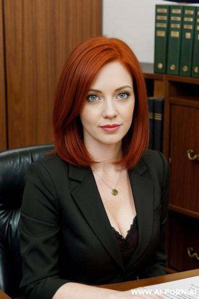 Secretary, cleavage, short messy light red hair, mouth, large eyes, black clog - ai-porn.ai on pornsimulated.com